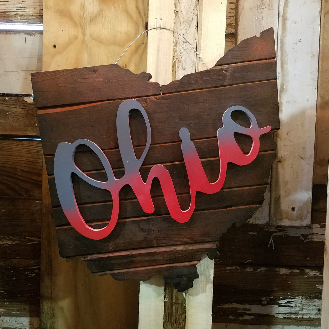 Scarlet and Gray Script Ohio State Wood Sign - Covered Bridges Woodworking, LLC